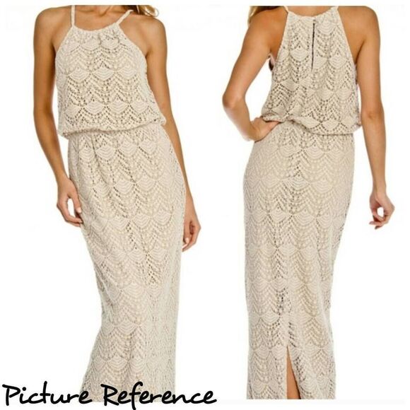 Sharagano Dresses & Skirts - Sharagano Crochet Halter Blouson Beige Maxi Dress Size 14